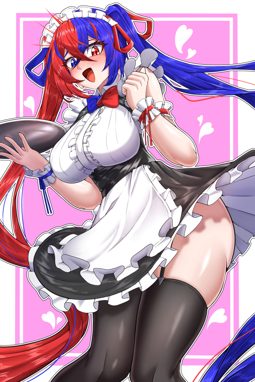 1girl absurdres alear_(female)_(fire_emblem) alear_(fire_emblem) alternate_costume apron black_thighhighs blue_eyes blue_hair blush border breasts center_frills commentary_request crossed_bangs dress enmaided fire_emblem fire_emblem_engage frills hair_between_eyes heart heterochromia highres holding holding_tray korean_commentary large_breasts litiya long_hair looking_at_viewer maid maid_headdress multicolored_hair nintendo open_mouth outside_border pink_background red_eyes red_hair simple_background sleeveless sleeveless_dress solo split-color_hair thighhighs thighs tray twintails two-tone_hair very_long_hair waist_apron white_apron white_border