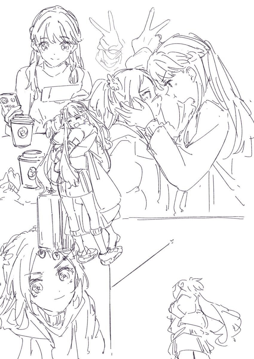2girls :d :t ^_^ cellphone closed_eyes closed_mouth coat cup disposable_coffee_cup disposable_cup flower fujishima_megumi fujishima_megumi_(winter_casual) greyscale hair_flower hair_ornament highres holding holding_phone hug iphone jacket l9525 link!_like!_love_live! love_live! mira-cra_park! monochrome multiple_girls multiple_views open_mouth osawa_rurino osawa_rurino_(winter_casual) phone profile rolling_suitcase sketch smartphone smile split_mouth standing suitcase turtleneck twintails two_side_up v-shaped_eyebrows virtual_youtuber