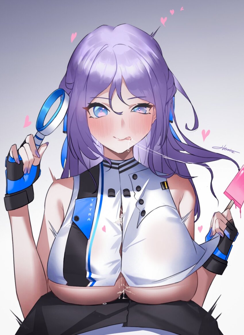 1boy 1girl :p black_gloves bladeless_fan blue_bow blue_eyes blue_gloves blush bow braid breasts clothed_sex clothes_writing cropped_shirt cum cum_on_body cum_on_breasts cum_on_upper_body fingerless_gloves folkwang_(nikke) food gloves goddess_of_victory:_nikke haine_1871 hair_between_eyes hair_bow heart hetero highres holding implied_paizuri large_breasts light_purple_hair long_hair melting motion_lines multicolored_eyes nail_polish no_bra paizuri paizuri_under_clothes pink_eyes popsicle pov purple_nails saliva saliva_trail shirt sidelocks signature sleeveless sleeveless_shirt solo_focus sweat tongue tongue_out two-tone_gloves underboob