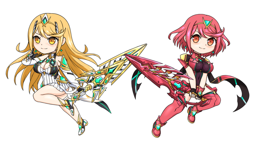 2girls aegis_sword_(xenoblade) bare_shoulders blonde_hair bob_cut breasts chest_jewel chibi cleavage cleavage_cutout closed_mouth clothing_cutout commentary commentary_request core_crystal_(xenoblade) deformed dual_persona earrings elbow_gloves english_commentary feichu_keju gem gloves headpiece highres holding holding_sword holding_weapon jewelry large_breasts long_hair mixed-language_commentary multiple_girls mythra_(xenoblade) pyra_(xenoblade) red_eyes red_hair short_hair simple_background smile swept_bangs sword tiara weapon white_background xenoblade_chronicles_(series) xenoblade_chronicles_2 yellow_eyes