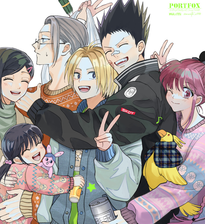 3boys 3girls :d bag bandaid bandaid_on_face bandaid_on_nose beer_can bird black_hair black_jacket blonde_hair brown_eyes brown_hair can character_print character_sticker closed_eyes drink_can glasses grey_hair hair_bobbles hair_ornament hairclip highres jacket lu_xiaotang mashimo_heisuke minato_x3710 multiple_boys multiple_girls open_mouth pink_sweater pisuke_(sakamoto_days) sakamoto_aoi_(sakamoto_days) sakamoto_days sakamoto_hana sakamoto_taro shin_(sakamoto_days) shopping_bag short_hair smile spiked_hair spring_onion sweatdrop sweater v watermark