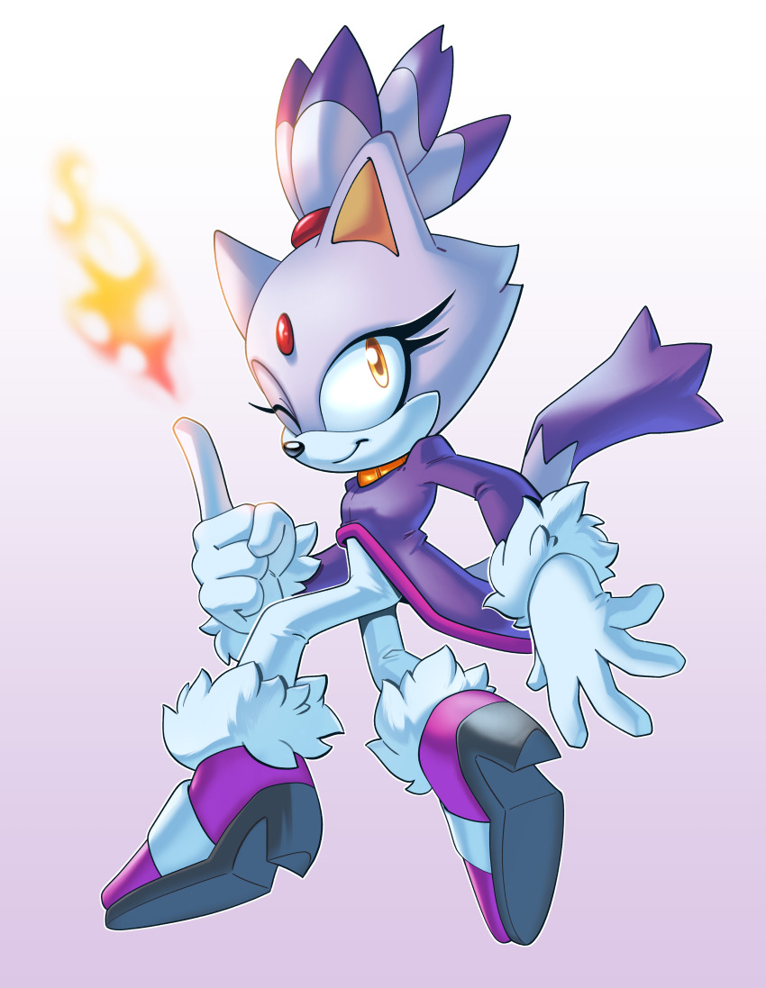 1girl absurdres animal_ears blaze_the_cat cat_ears cat_girl cat_tail fire fur-trimmed_gloves fur-trimmed_shoes fur_trim furry furry_female gloves highres jacket novika one_eye_closed pink_shoes purple_background purple_jacket pyrokinesis shoes simple_background smile sonic_(series) tail white_gloves yellow_eyes