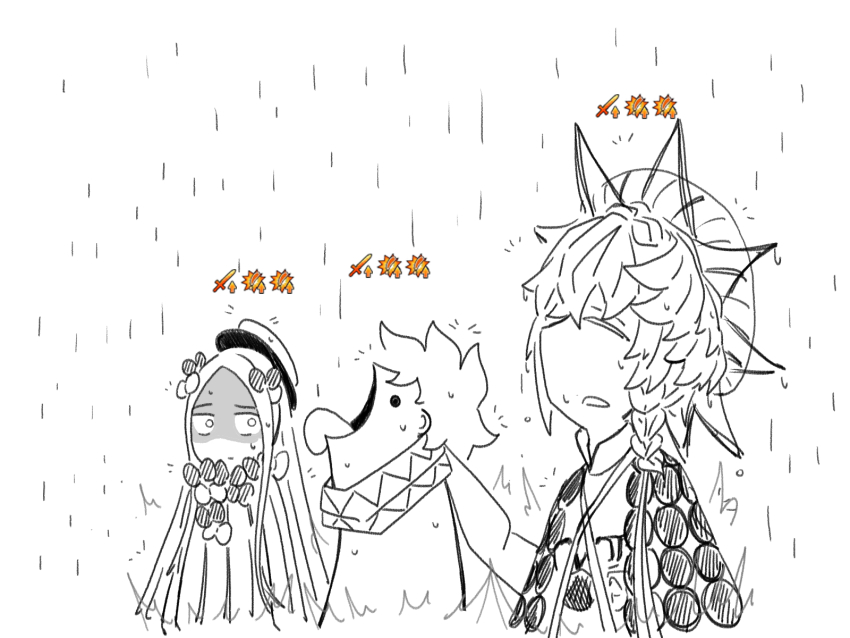 ! 1boy 2girls abigail_williams_(fate) bow braid fate/grand_order fate_(series) from_side gameplay_mechanics gat0w goku_and_vegeta_in_the_rain_(meme) greyscale hair_bow hat highres long_hair looking_at_another meme monochrome multiple_girls multiple_hair_bows noble_phantasm_(fate) parted_bangs profile rain scarf shaded_face short_hair side_braid sword tongue tongue_out van_gogh_(first_ascension)_(fate) voyager_(first_ascension)_(fate) weapon