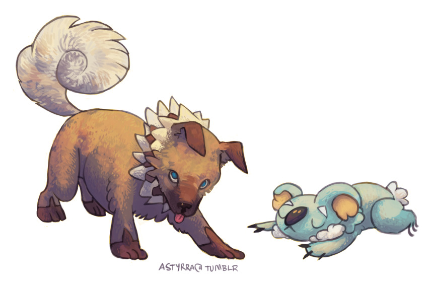 animal_focus astyrra blue_eyes claws closed_eyes closed_mouth commentary english_commentary full_body game_freak gen_7_pokemon highres komala looking_at_viewer lying nintendo no_humans pokemon pokemon_(creature) rockruff tongue tongue_out tumblr_username