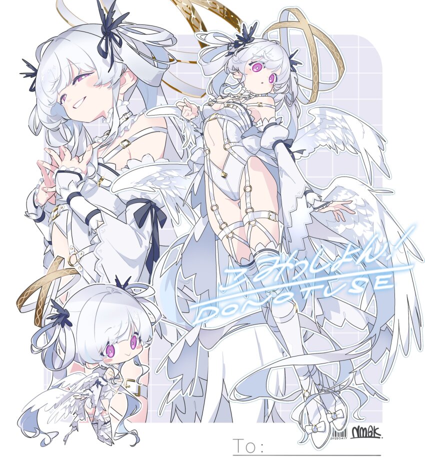 1girl chibi harness namagaki_ataru o-ring original purple_eyes thigh_strap thighhighs wings