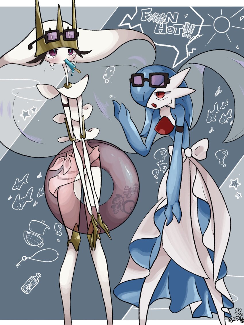 alternate_color blue_hair blue_skin bob_cut colored_skin dress eyewear_on_head food food_in_mouth gardevoir gen_3_pokemon gen_7_pokemon hair_over_one_eye highres inb795 lifebuoy multicolored_skin nintendo pheromosa pokemon pokemon_(creature) popsicle popsicle_in_mouth purple_eyes shiny_pokemon signature summer swim_ring two-tone_skin ultra_beast white_dress white_skin