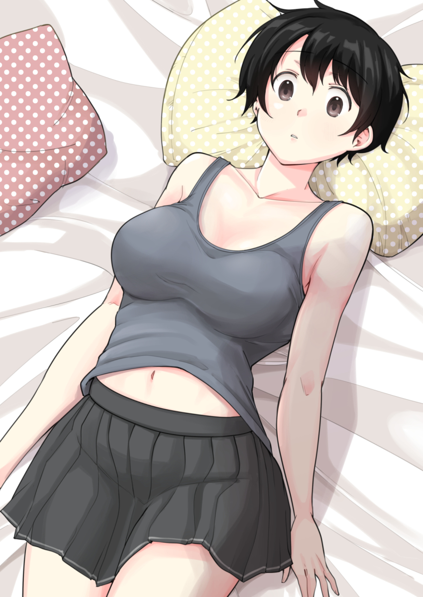 1girl bare_arms bare_shoulders black_hair black_skirt breasts brown_eyes collarbone commentary_request cowboy_shot grey_tank_top highres large_breasts lying meika-san_wa_oshikorosenai midriff_peek navel oka_miyako on_back parted_lips pillow pleated_skirt polka_dot saitou_shouki shadow short_hair skirt solo tank_top unmoving_pattern