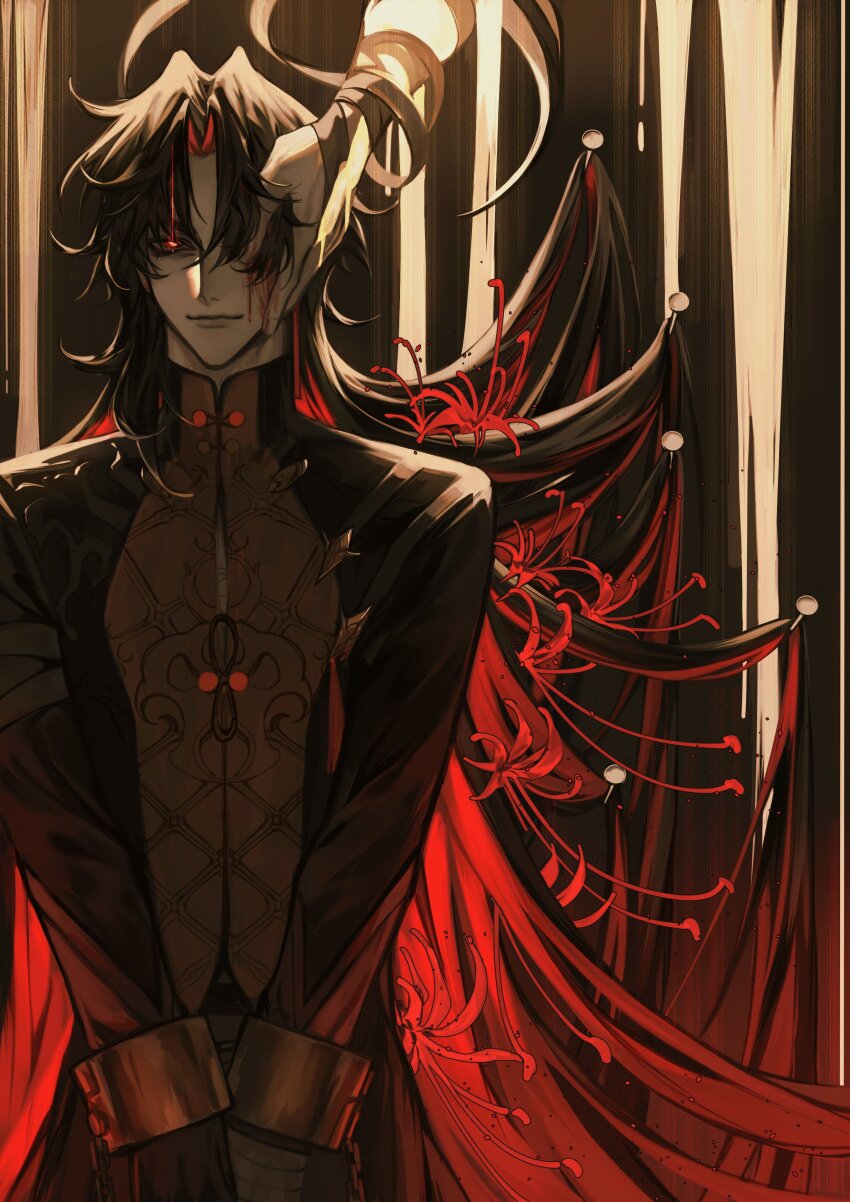 1boy absurdres ambiguous_yellow_liquid bandaged_hand bandages black_coat black_gloves black_hair blade_(honkai:_star_rail) blood blood_drip blood_on_face coat colored_inner_hair commentary cuffs entangled facing_ahead facing_viewer flower gloves glowing glowing_eye hair_lift hair_over_one_eye hair_spread_out hand_on_another&#039;s_cheek hand_on_another&#039;s_face hand_wraps handcuffs highres honkai:_star_rail honkai_(series) long_hair looking_ahead looking_at_viewer male_focus multicolored_hair own_hands_together parted_bangs pinned reaching reaching_towards_another red_eyes red_theme smile solo_focus spider_lily ssanagi00 standing symbol-only_commentary too_many_flowers upper_body very_long_hair
