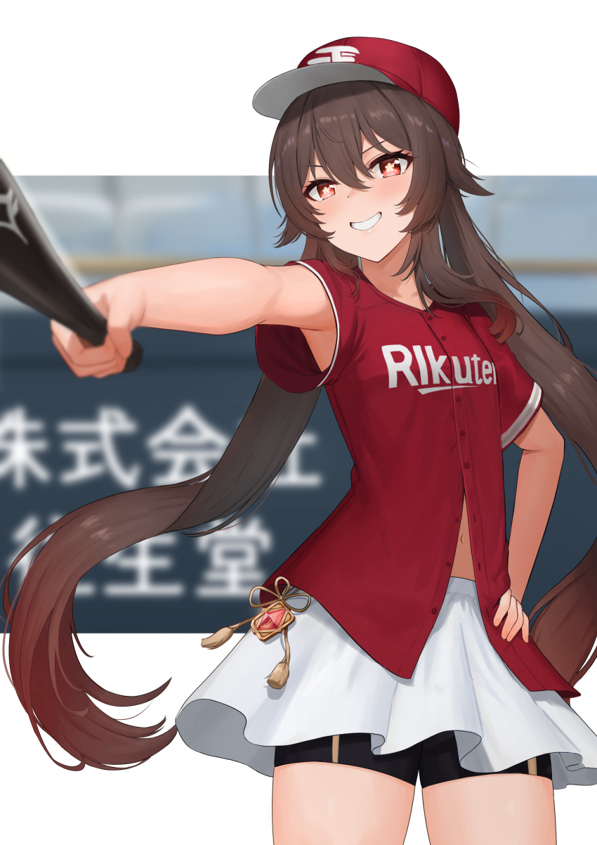 1girl ayul_(ayulneri_92) baseball_bat baseball_cap baseball_uniform black_shorts blush breasts brown_hair commentary genshin_impact grin hat highres hu_tao_(genshin_impact) long_hair looking_at_viewer navel nippon_professional_baseball outstretched_arm red_eyes red_hat red_shirt shirt short_sleeves shorts shorts_under_skirt skirt small_breasts smile solo sportswear symbol-shaped_pupils thighs touhoku_rakuten_golden_eagles twintails very_long_hair vision_(genshin_impact) white_skirt