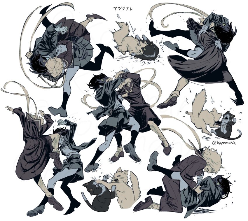 2girls black_hair blonde_hair cat catfight clothes_grab commentary_request dress_grab fighting hair_over_eyes harai_goshi highres jacket judo judo_throw konno_junko koyomania limited_palette long_hair long_sleeves low_twintails mizuno_ai multiple_girls multiple_views muted_color open_clothes open_jacket partial_commentary sailor_collar school_uniform shoes short_hair simple_background skirt socks twintails twitter_username very_long_hair white_background zombie_land_saga