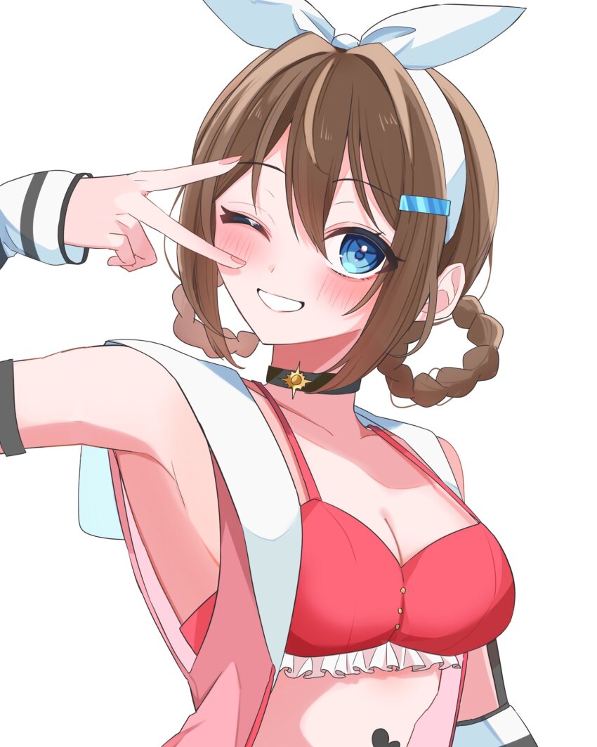 1girl ;d armpits bikini blue_eyes blush bow_hairband braid braided_hair_rings breasts brown_hair cleavage commentary_request detached_sleeves grin hair_between_eyes hair_rings hairband highres jacket looking_at_viewer love_live! love_live!_nijigasaki_high_school_idol_club love_live!_nijigasaki_high_school_idol_club_the_movie_-_finale medium_breasts medium_hair midriff official_alternate_costume official_alternate_hairstyle one_eye_closed open_clothes open_jacket open_mouth osaka_shizuku osora_dao pink_jacket red_bikini sidelocks sleeveless sleeveless_jacket smile solo swimsuit v v_over_eye white_hairband