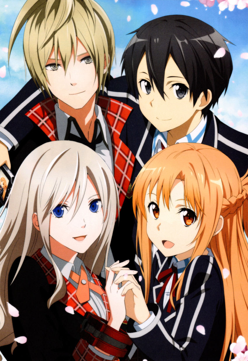 10s 2boys 2girls absurdres alisa_ilinichina_amiella asuna_(sao) blue_eyes crossover god_eater god_eater_2:_rage_burst god_eater_burst gradient_background highres holding_hands julius_visconti kirito kirito long_hair looking_at_viewer multiple_boys multiple_girls official_art open_mouth quartet scan short_hair smile sword_art_online sword_art_online:_lost_song_-_the_complete_guide white_hair