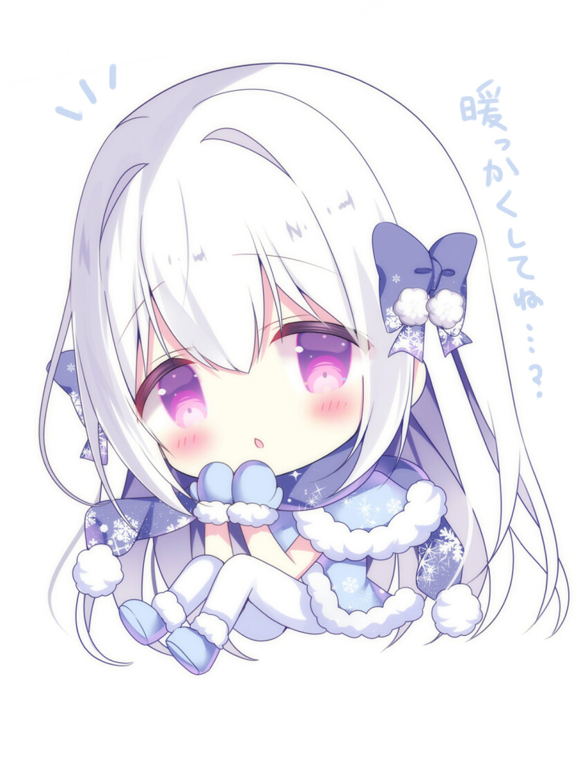 1girl azumi_kazuki big_head blue_boots blue_bow blue_capelet blue_dress blue_mittens blue_scarf blush boots bow capelet chestnut_mouth chibi commentary_request dress full_body fur-trimmed_boots fur-trimmed_capelet fur-trimmed_dress fur-trimmed_mittens fur_trim hair_between_eyes hair_bow hair_intakes hands_up highres knees_up long_hair looking_at_viewer mittens original pantyhose parted_lips purple_eyes scarf simple_background sitting solo translation_request very_long_hair white_background white_hair white_pantyhose