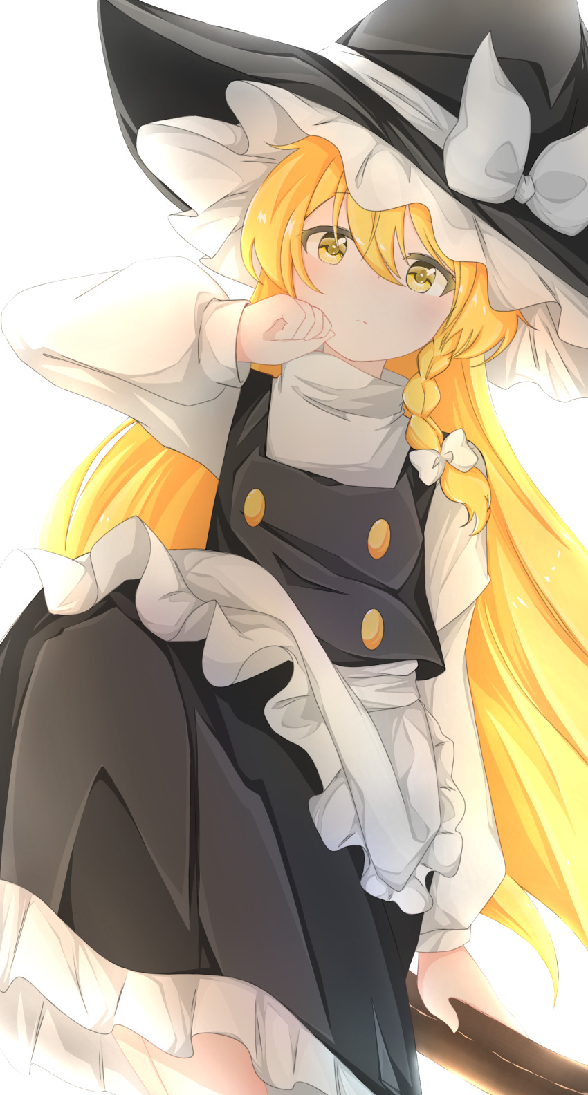 1girl absurdres apron backlighting black_hat black_skirt black_vest blonde_hair bow braid broom broom_riding buttons chinese_commentary clenched_hand closed_mouth commentary_request double-breasted feet_out_of_frame frilled_apron frilled_skirt frills hair_between_eyes hair_bow hat hat_bow hat_ribbon highres kirisame_marisa light_frown long_hair long_sleeves looking_at_viewer ribbon shirt side_braid sitting skirt solo touhou turtleneck turtleneck_shirt very_long_hair vest waist_apron white_apron white_background white_bow white_ribbon white_shirt witch_hat wu_yu_wanwan yellow_eyes