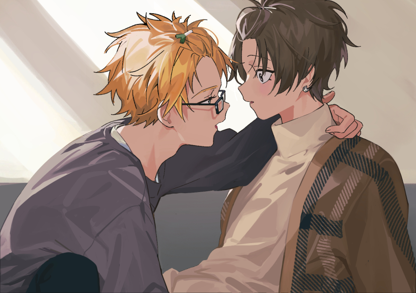 2boys alban_knox alban_knox_(3rd_costume) arm_around_neck bespectacled black_sweater blonde_hair blue_eyes brown_cardigan brown_eyes brown_hair cardigan commentary earrings eye_contact glasses hashtag-only_commentary jewelry layered_clothes leaning_back long_sleeves looking_at_another male_focus merry-san_(w00sjn) multiple_boys nijisanji nijisanji_en no_eyewear open_mouth parted_bangs piercing plaid_clothes shirt sonny_brisko sonny_brisko_(3rd_costume) sweater turtleneck white_shirt wide-eyed yaoi