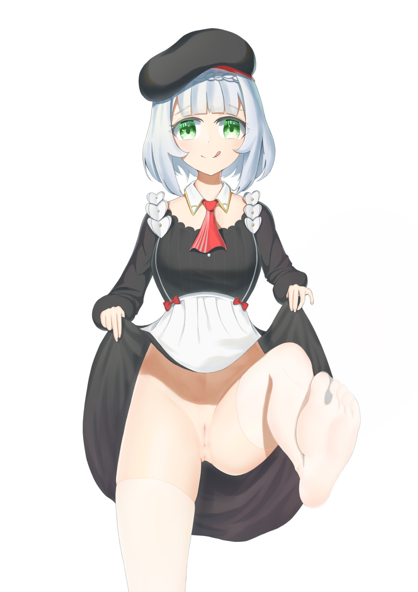 absurdres anus beret black_dress black_headwear blush braid clothes_lift dress dress_lift feet genshin_impact green_eyes happy hat highres kfc leg_lift no_panties no_shoes noelle_(genshin_impact) pussy shirt short_hair smile thighhighs tongue white_shirt white_thighhighs