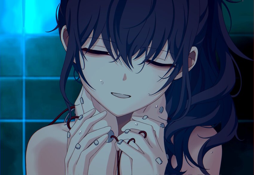 2girls alien_stage asahina_mafuyu closed_eyes commentary english_commentary hands_on_another&#039;s_neck hands_on_another&#039;s_wrists highres long_hair miyotastic multiple_girls ponytail project_sekai purple_hair smile tile_wall tiles transfusion yoisaki_kanade