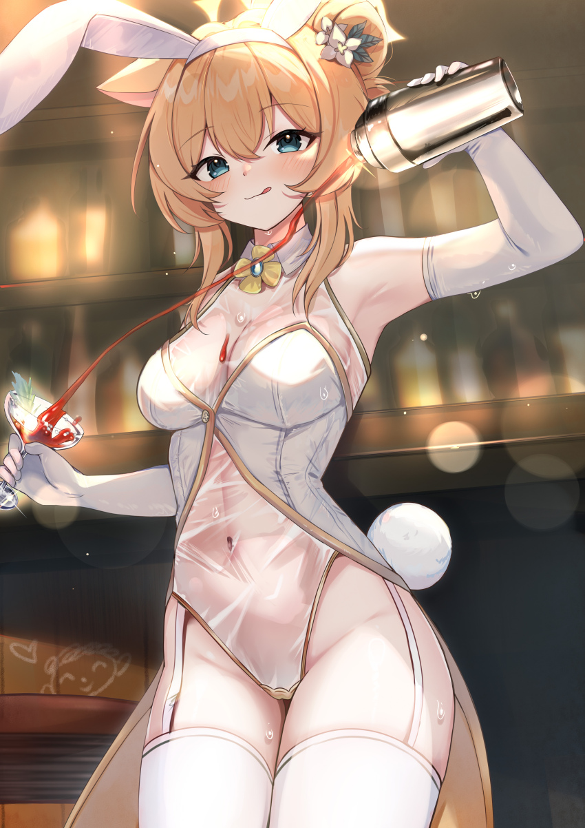 1girl absurdres alcohol animal_ear_fluff animal_ear_hairband animal_ears armpits bare_shoulders blue_archive blue_eyes blush breasts cat_ears cleavage closed_mouth cocktail cocktail_glass cocktail_shaker covered_navel cup drinking_glass elbow_gloves fake_animal_ears fake_tail flower gloves hair_between_eyes hair_bun hair_flower hair_ornament hairband halo highleg highres holding_cocktail_shaker leotard liquor long_hair looking_at_viewer mari_(blue_archive) orange_hair playboy_bunny rabbit_ear_hairband rabbit_ears rabbit_girl rabbit_tail rinringyo see-through_cleavage see-through_clothes see-through_leotard single_hair_bun single_side_bun sleeveless smile solo standing strapless strapless_leotard tail thighhighs tongue tongue_out white_flower white_gloves white_thighhighs yellow_halo