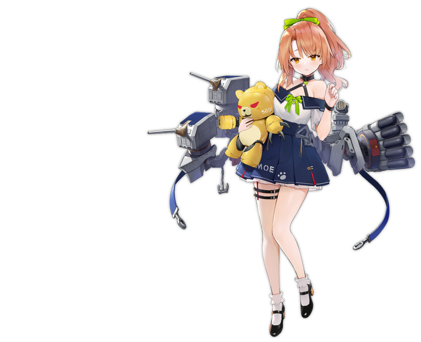 1girl artillery azur_lane bare_shoulders beargguy_iii black_footwear blue_ribbon blue_skirt full_body high_ponytail holding holding_toy long_hair looking_at_viewer miniskirt morrison_(azur_lane) off-shoulder_shirt off_shoulder official_art orange_eyes orange_hair ponytail ribbon rigging shirt skirt socks solo suisai_(suisao) thigh_strap torpedo_tubes toy transparent_background white_shirt white_socks