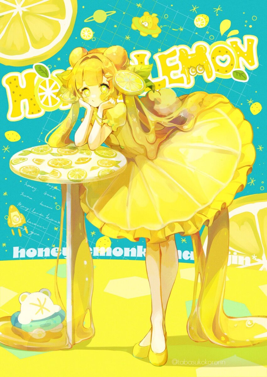 1girl absurdly_long_hair bear blonde_hair blush_stickers bright_pupils closed_mouth creature crossed_legs double_bun dress dripping elbow_rest elbows_on_table food food-themed_clothes food-themed_hair_ornament frilled_dress frills fruit full_body hair_bun hair_intakes hair_ornament hands_on_own_cheeks hands_on_own_face hands_up head_on_hands head_rest highres honey innertube leaf_hair_ornament leaning_forward lemon lemon_hair_ornament lemon_slice liquid_hair long_hair looking_at_viewer low_twintails original planet planetary_ring puffy_short_sleeves puffy_sleeves rocket shoes short_sleeves solo standing swim_ring symbol-shaped_pupils tabasukokororin table twintails ufo very_long_hair white_pupils wristband yellow_dress yellow_shoes