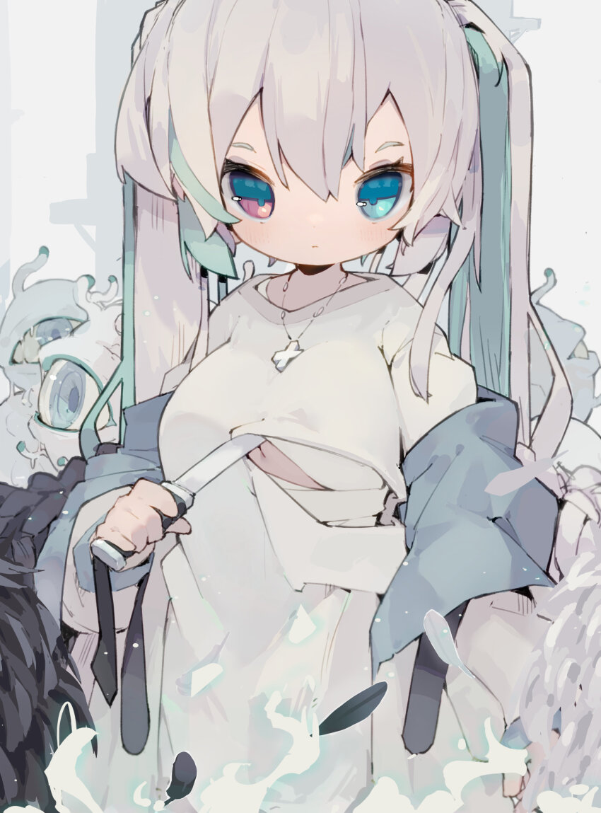 1girl absurdres aqua_hair blue_eyes breasts closed_mouth cross cross_necklace dress heterochromia highres holding holding_knife jewelry knife looking_at_viewer multicolored_hair necklace nep_(nep_76) original solo twintails two-tone_hair upper_body white_dress