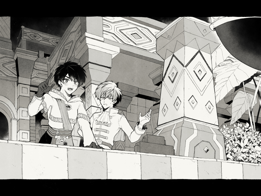+_+ 2boys absurdres ascot balcony belt black_border border cape chest_jewel commentary_request dragon_quest dragon_quest_x earrings gloves greyscale hero&#039;s_sibling_(dq10) highres hoop_earrings index_finger_raised jewelry leaf letterboxed male_focus monochrome multiple_boys open_mouth pillar pointing pointing_up quad_(dq10) sato_sio_(si00x) short_hair sweatdrop upper_body