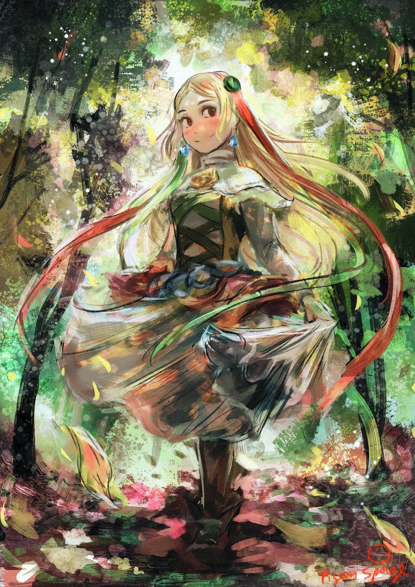 1girl artist_name blonde_hair blush bravely_default_(series) bravely_default_ii brown_eyes closed_mouth dress earrings floating_earrings gloria_neu_musa hair_ornament highres holding holding_unworn_clothes holding_unworn_dress jewelry leaf looking_to_the_side nature no_pupils pigeon-sponge shoes skirt_hold smile solo standing tree