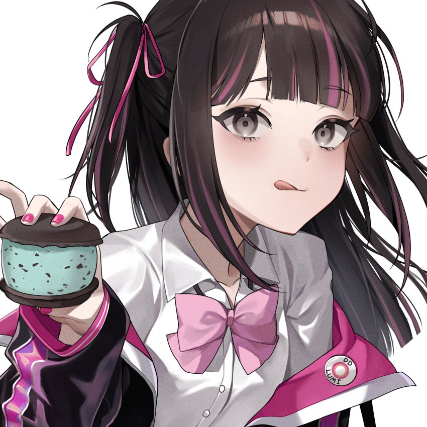 1girl black_hair bow copyright_request ddungddang dress_shirt food grey_eyes highres ice_cream ice_cream_sandwich jacket mint_chocolate mint_chocolate_(razschi) multicolored_hair nail_polish pink_ribbon ribbon shirt streaked_hair tongue tongue_out track_jacket twintails