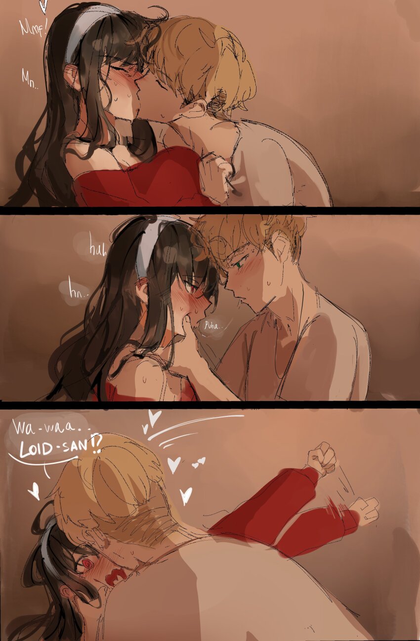 1boy 1girl 3koma absurdres bare_shoulders black_hair blonde_hair blush boy_on_top breasts clenched_hand closed_eyes comic english_text enn_matien foreplay french_kiss full-face_blush hand_on_another&#039;s_cheek hand_on_another&#039;s_face heart heavy_breathing hetero highres husband_and_wife kiss large_breasts long_hair off-shoulder_sweater off_shoulder red_eyes red_sweater saliva saliva_trail spy_x_family sweater twilight_(spy_x_family) undercut yor_briar