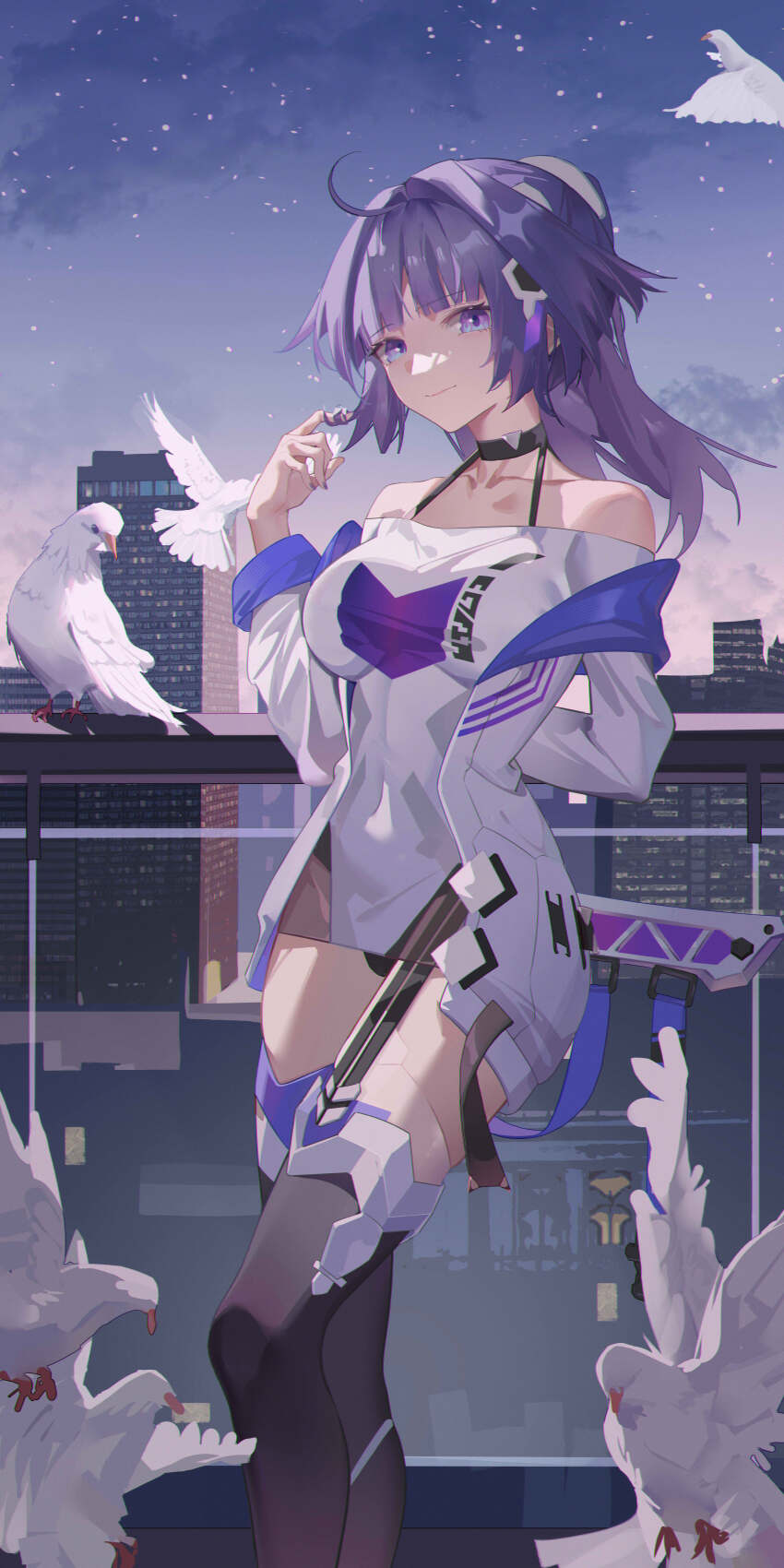 1girl absurdres ahoge bare_shoulders bird black_choker black_thighhighs blunt_bangs bra_strap choker city comet-c dress feet_out_of_frame hair_intakes highres honkai_(series) honkai_impact_3rd jacket long_hair long_sleeves looking_at_viewer night night_sky off-shoulder_dress off_shoulder outdoors pencil_dress purple_eyes purple_hair raiden_mei sky solo standing thighhighs white_dress white_jacket