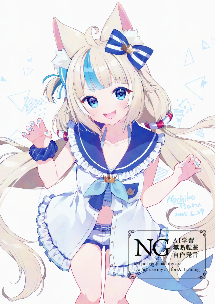 1girl ahoge animal_ear_fluff animal_ears bikini bikini_under_clothes blonde_hair blue_bikini blue_collar blue_eyes blue_hair blue_nails breasts cat_ears claw_pose collar dress fins fish_girl fish_tail frilled_shirt_collar frills highres indie_virtual_youtuber long_hair looking_at_viewer low_twintails mochiko_tsuru multicolored_hair nail_polish one_side_up open_mouth sameko_saba short_shorts shorts sleeveless sleeveless_dress small_breasts smile solo streaked_hair swimsuit tail teeth twintails upper_teeth_only very_long_hair virtual_youtuber white_dress white_shorts