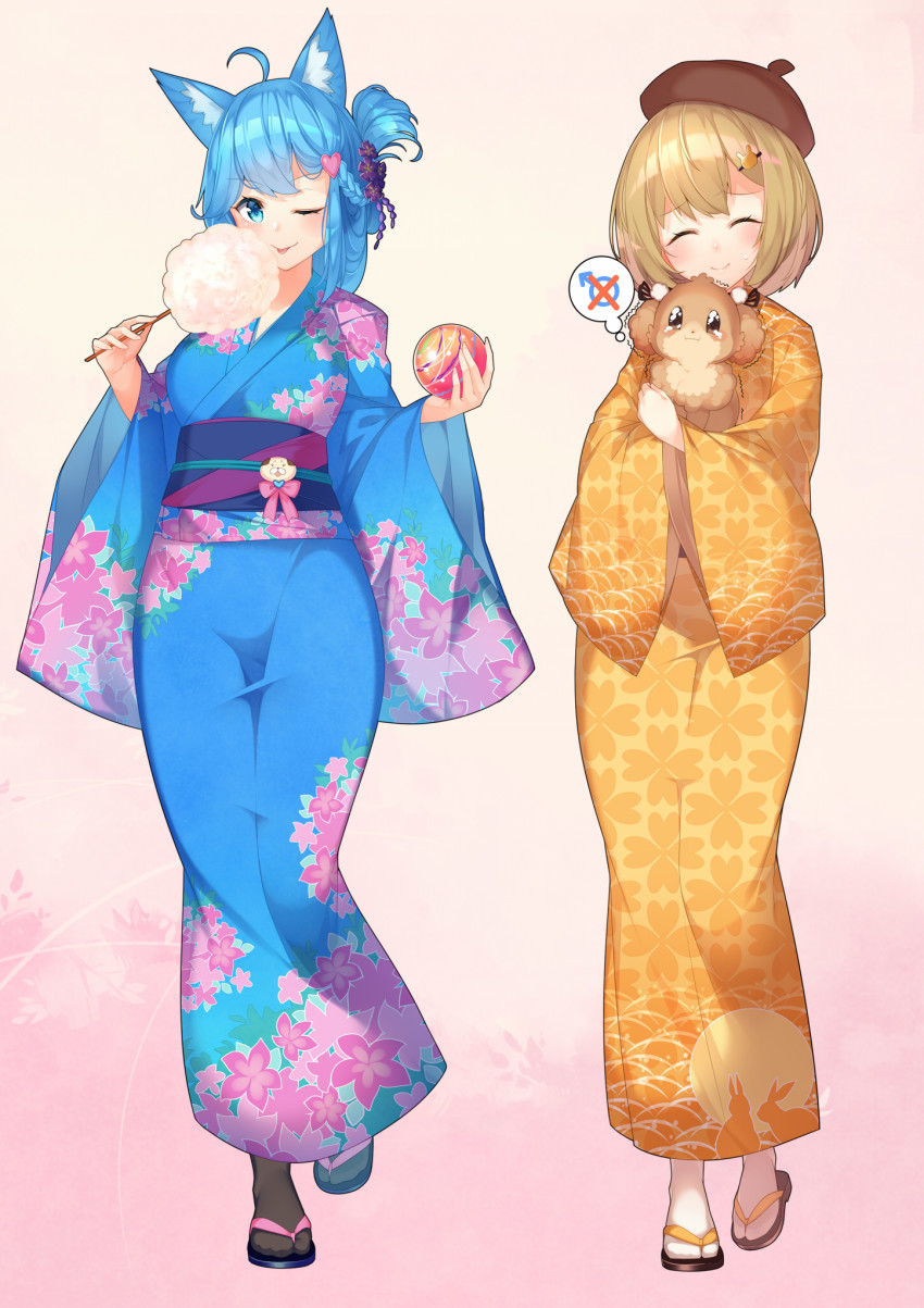 2girls ahoge animal animal_ear_fluff animal_ears animare blonde_hair blue_eyes blue_hair closed_eyes cotton_candy dog_ears food full_body hair_ornament hairclip hat heart heart_hair_ornament highres holding holding_cotton_candy holding_food inaba_haneru_(animare) japanese_clothes kimono kokka_han medium_hair multiple_girls nanashi_inc. pink_background sandals short_hair smile souya_ichika virtual_youtuber wide_sleeves yukata