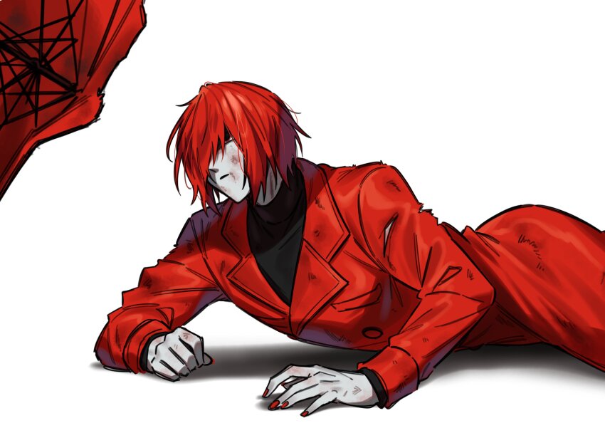 1boy broken coat commentary_request highres homicipher injury korean_commentary lying male_focus mr._scarletella myam_(123ab456c) red_coat red_eyes red_hair red_nails red_umbrella short_hair simple_background solo torn_clothes umbrella white_background