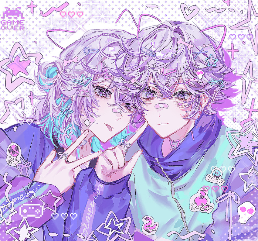2boys :3 bandaid bandaid_on_face bandaid_on_nose blue_hair blue_jacket bone_hair_ornament brothers closed_mouth commentary cozmez_(paradox_live) drawn_ears hair_between_eyes hair_ornament heart highres jacket jiu_ba long_sleeves male_focus medium_hair multicolored_hair multiple_boys paperclip_hair_ornament paradox_live purple_eyes purple_hair purple_theme short_hair siblings skull_hair_ornament smile sparkle star_(symbol) star_hair_ornament symbol-only_commentary tongue tongue_out two-tone_hair w x_hair_ornament yatonokami_kanata yatonokami_nayuta