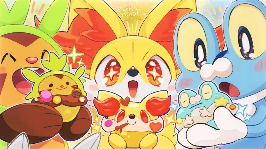 +_+ black_eyes blush bright_pupils chespin closed_eyes colored_sclera cupcake fennekin food froakie gen_6_pokemon highres holding holding_food nintendo no_humans open_mouth orange_eyes pokemon pokemon_(creature) runachikku smile star_(symbol) starter_pokemon_trio white_pupils yellow_sclera
