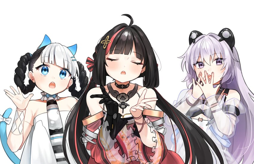3girls animal_ears bambinata_(pgr) bare_arms bare_shoulders bear_ears black_hair blue_eyes blue_tail braid braided_hair_rings cat_ears cat_tail chinese_clothes choker closed_eyes doll_joints dress fake_animal_ears frilled_choker frills hair_ornament hair_rings hairclip highres joints long_hair mechabare mechanical_arms mechanical_ears multicolored_hair multiple_girls myam_(123ab456c) pulao_(pgr) punishing:_gray_raven purple_eyes purple_hair red_dress red_hair see-through_clothes see-through_sleeves single_mechanical_arm streaked_hair swimsuit tail teddy:_decryptor_(good_vibrations)_(pgr) teddy_(pgr) two-tone_hair umamusume umapyoi_densetsu white_choker white_dress white_hair