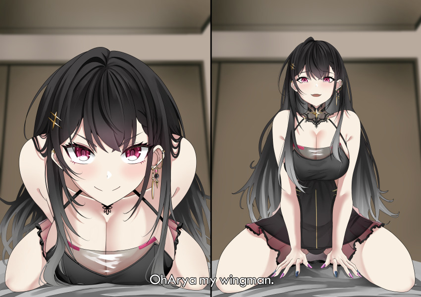 1girl absurdres black_hair breasts cleavage colored_sclera commission commissioner_upload dress ear_chain gold good_morning_my_brother_(meme) gradient_hair grey_hair highres jewelry kuroha_arya large_breasts leaning_forward linked_piercing long_hair multicolored_hair multicolored_nails multicolored_shirt nail_art nail_polish no non-web_source raikkonen see-through_cleavage see-through_clothes see-through_dress see-through_dress_layer short_dress sideless_dress sleeveless sleeveless_dress smile tokidoki_bosotto_roshia-go_de_dereru_tonari_no_alya-san virtual_youtuber vspo! vspo!_en