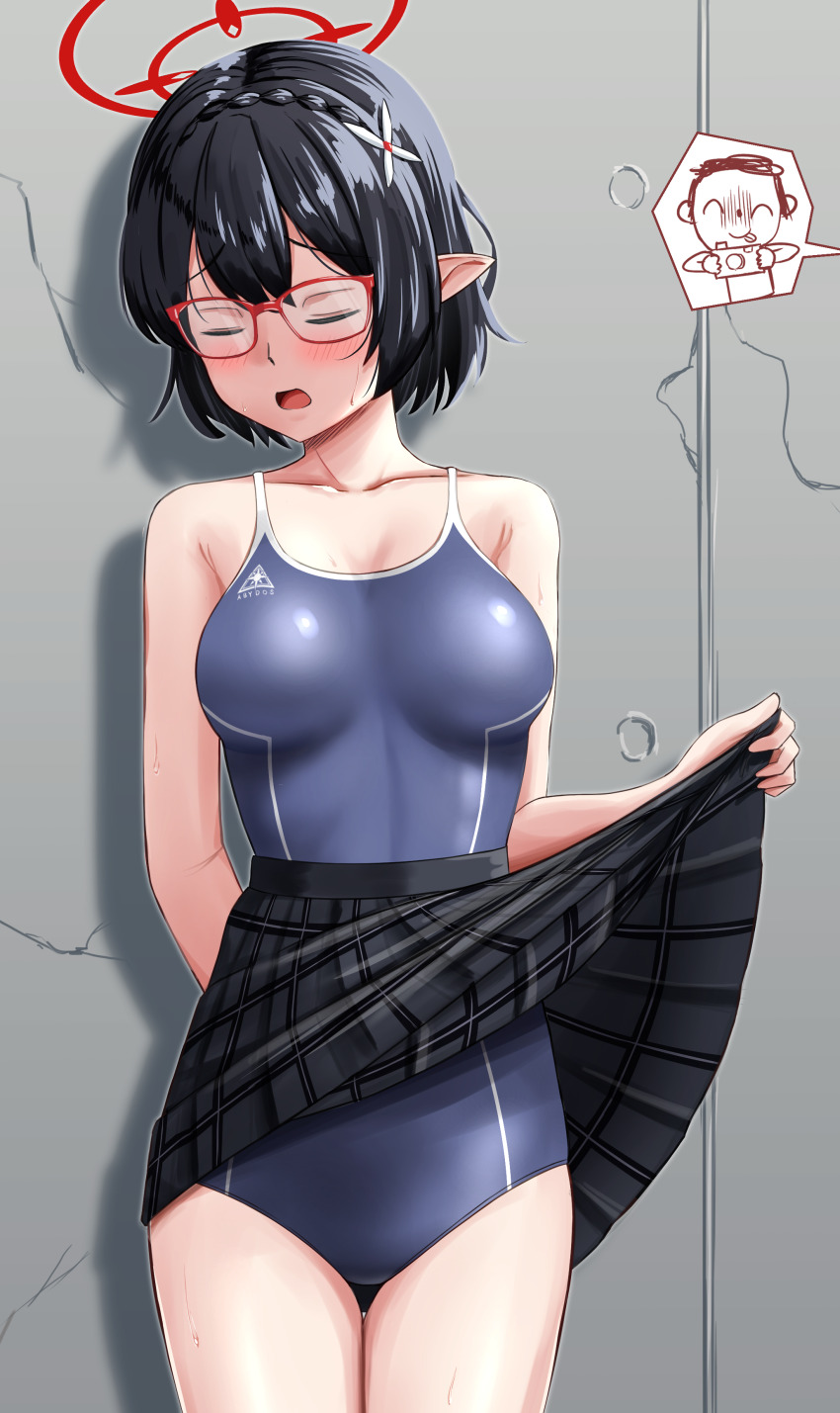 1girl absurdres abydos_high_school_logo abydos_high_school_swimsuit ayane_(blue_archive) black_hair black_skirt blue_archive breasts closed_eyes glasses grid_skirt hair_ornament halo highres large_breasts pointy_ears red_halo school_swimsuit sensei_(blue_archive) short_hair skirt solo_focus swimsuit swimsuit_under_clothes taurus_(cor-tauri-0426)
