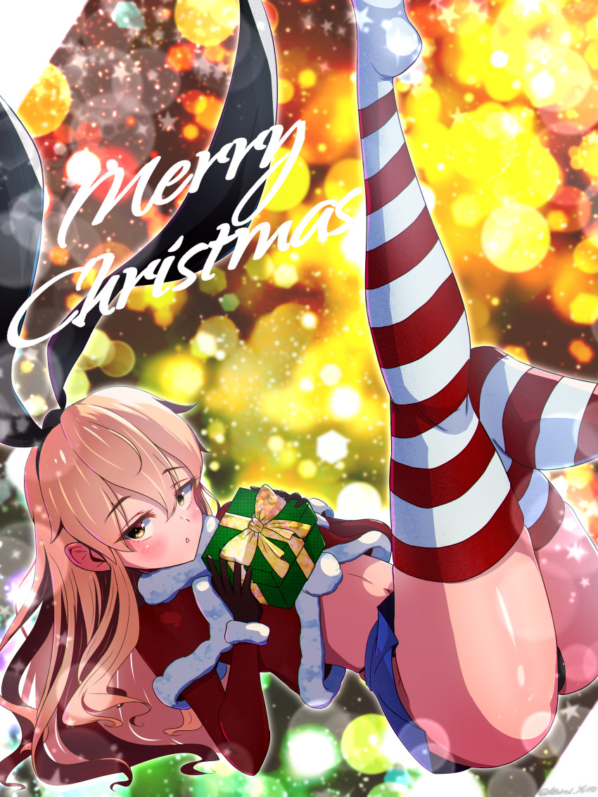 1girl absurdres adapted_costume ass black_hairband black_panties blonde_hair blue_skirt capelet christmas fur-trimmed_capelet fur_trim hair_between_eyes hairband highleg highleg_panties highres kantai_collection merry_christmas microskirt panties pleated_skirt red_capelet shimakaze_(kancolle) skirt solo striped_clothes striped_thighhighs thighhighs underwear yellow_eyes yoko_hata