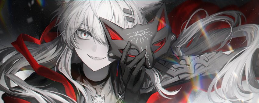 1girl animal_ears arknights black_eyeliner black_gloves black_jacket brooch commentary eyeliner gae_tteok00 gloves grey_eyes grey_hair hair_between_eyes hair_ornament hairclip highres jacket jewelry lappland_(arknights) lappland_the_decadenza_(arknights) long_hair looking_at_viewer makeup mask masquerade_mask parallel_hairclips portrait red_ribbon ribbon sidelocks smile solo symbol-only_commentary teeth very_long_hair wolf_ears wolf_girl