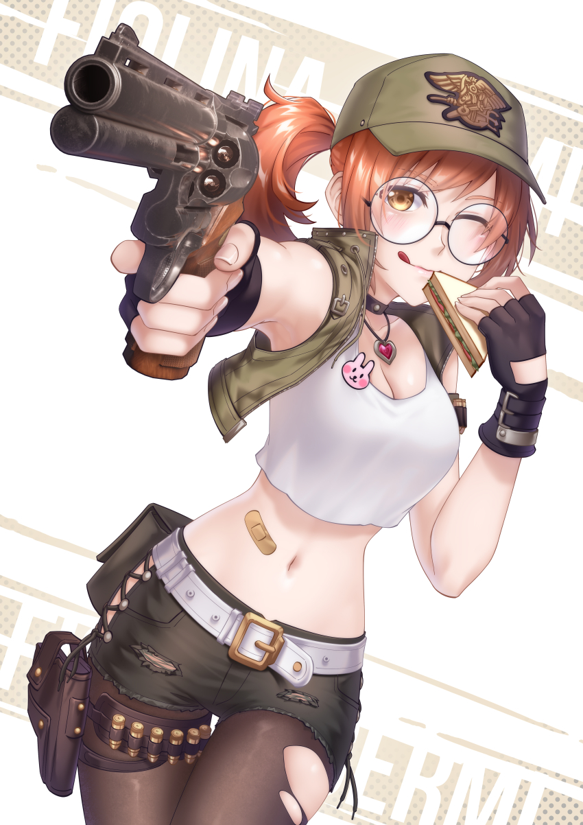 1girl :q ;q absurdres aiming aiming_at_viewer bandaid_on_stomach belt black_gloves blush breasts brown_eyes brown_hair cleavage commentary crop_top cropped_jacket eating fingerless_gloves fio_germi food glasses gloves gun handgun hands_up hat heart heart_necklace highres holding holding_food holding_gun holding_weapon jewelry long_hair looking_at_viewer lusan666 medium_breasts medium_hair metal_slug midriff military_hat navel necklace one_eye_closed orange_hair pantyhose ponytail rabbit_ornament rabbit_pin revolver sandwich short_shorts shorts smile solo tank_top thighs tongue tongue_out torn_clothes torn_pantyhose torn_shorts ventilation_rib weapon white_belt white_tank_top yellow_eyes
