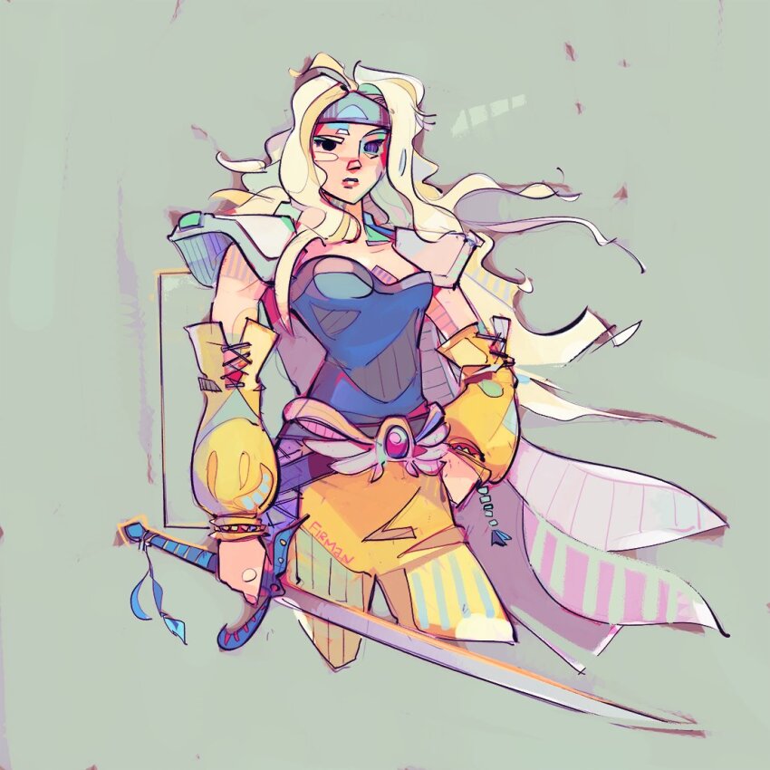 1girl armor artist_name blonde_hair blue_headband blue_shirt breasts celes_chere cleavage closed_mouth cowboy_shot cropped_legs detached_sleeves final_fantasy final_fantasy_vi floating_hair grey_background hand_on_own_hip headband holding holding_sword holding_weapon long_hair looking_at_viewer medium_breasts michaelfirman pants parted_bangs pauldrons shirt shoulder_armor solo strapless strapless_shirt sword wavy_hair weapon yellow_pants yellow_sleeves