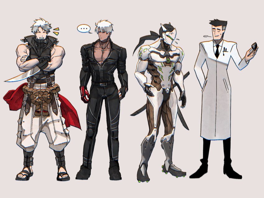 ... 4boys assault_visor bare_shoulders belt belt_buckle black_belt black_hair black_jacket black_necktie black_pants boots breath buckle chipp_zanuff closed_eyes closed_mouth coat collarbone collared_shirt commentary crossover cyborg english_commentary fingerless_gloves flying_sweatdrops full_body genji_(overwatch) glove_cutout gloves grey_background grey_hair guilty_gear hand_in_pocket highres holding holding_smoking_pipe jacket jewelry k&#039;_(kof) lab_coat looking_to_the_side male_focus multicolored_hair multiple_boys multiple_swords muscular muscular_male mystical_high_collar necklace necktie ninja overwatch pants parted_bangs parted_lips partially_open_jacket pectoral_cleavage pectorals powerpuff_girls professor_utonium rope sandals shirt short_hair side-by-side sleeveless smile smoking_pipe speech_bubble spoken_ellipsis standing streaked_hair sword syachiiro the_king_of_fighters voice_actor_connection weapon white_coat white_hair white_pants white_shirt wing_collar