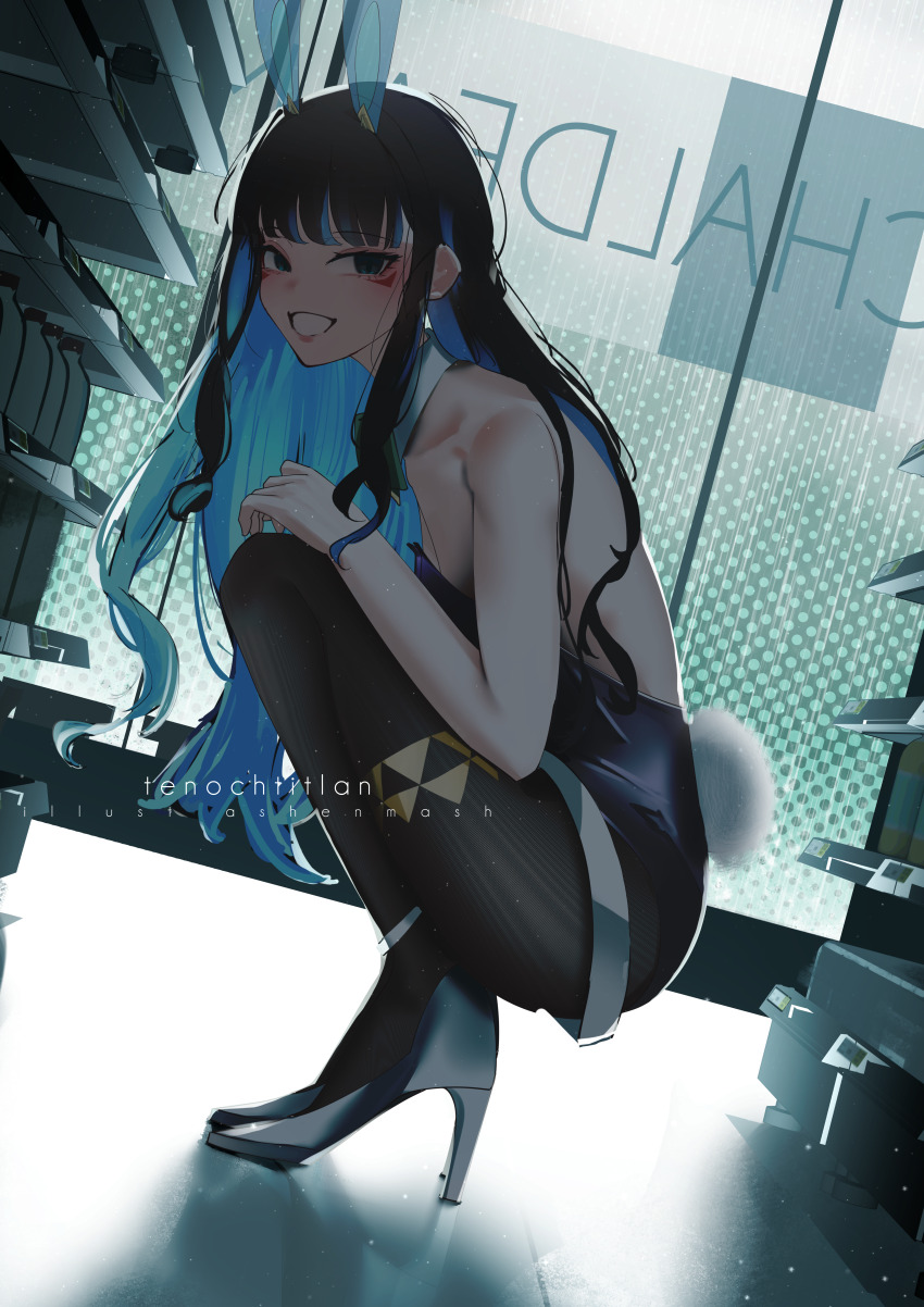 1girl absurdres animal_ears ass back bare_shoulders black_hair black_pantyhose blue_eyes blue_hair blunt_bangs blush breasts cyrilashnmsh detached_collar english_text facial_mark fate/grand_order fate_(series) grin high_heels highres leotard long_hair looking_at_viewer multicolored_hair pantyhose playboy_bunny rabbit_ears rabbit_tail small_breasts smile solo squatting tail tenochtitlan_(fate) two-tone_hair