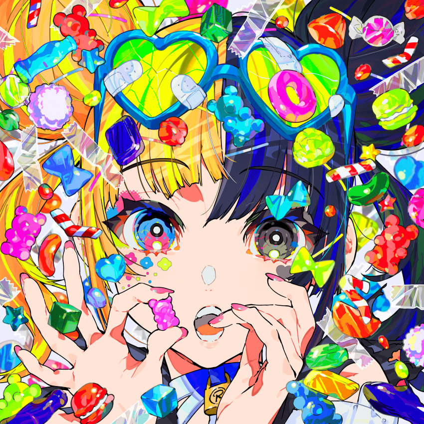 1girl absurdres black_hair blonde_hair blue_choker blue_eyes candy choker commentary_request double_bun donut food food_request green-framed_eyewear grey_eyes gummy_bear hair_bun heterochromia highres holding holding_candy holding_food looking_at_viewer medium_hair mika_pikazo multicolored_hair open_mouth original pink_nails portrait solo straight-on teeth twintails two-tone_hair