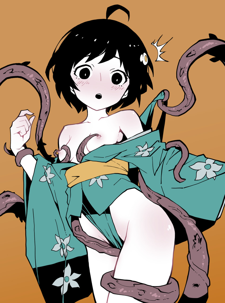 1girl :o ^^^ absurdres ahoge akableak araragi_tsukihi assisted_exposure black_eyes black_eyeshadow black_hair blush breasts bright_pupils brown_background clothes_grab clothes_lift commentary commission cowboy_shot egg_hair_ornament embarrassed english_commentary eyelashes eyeshadow floral_print floral_print_kimono food-themed_hair_ornament fried_egg frontal_wedgie furisode furisode_sleeves groin hair_ornament high_contrast highres holding_another&#039;s_wrist imminent_penetration japanese_clothes kimono kimono_lift kimono_pull long_sleeves loose_hair_strand makeup monogatari_(series) nipple_stimulation nipple_tweak no_bra no_panties obi open_clothes open_kimono open_mouth print_kimono restrained sash short_hair simple_background small_breasts solo standing surprised teeth tentacles tentacles_under_clothes thigh_gap thigh_grab upper_teeth_only veiny_tentacles wedgie white_pupils wide-eyed wide_sleeves yellow_sash