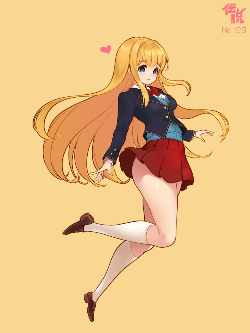 1girl blazer blue_eyes blush cardinal_armand full_body heart highres jacket kneehighs last_origin loafers pleated_skirt red_skirt shoes simple_background skirt smile socks toriseru_(rare_stone) uniform white_socks yellow_background