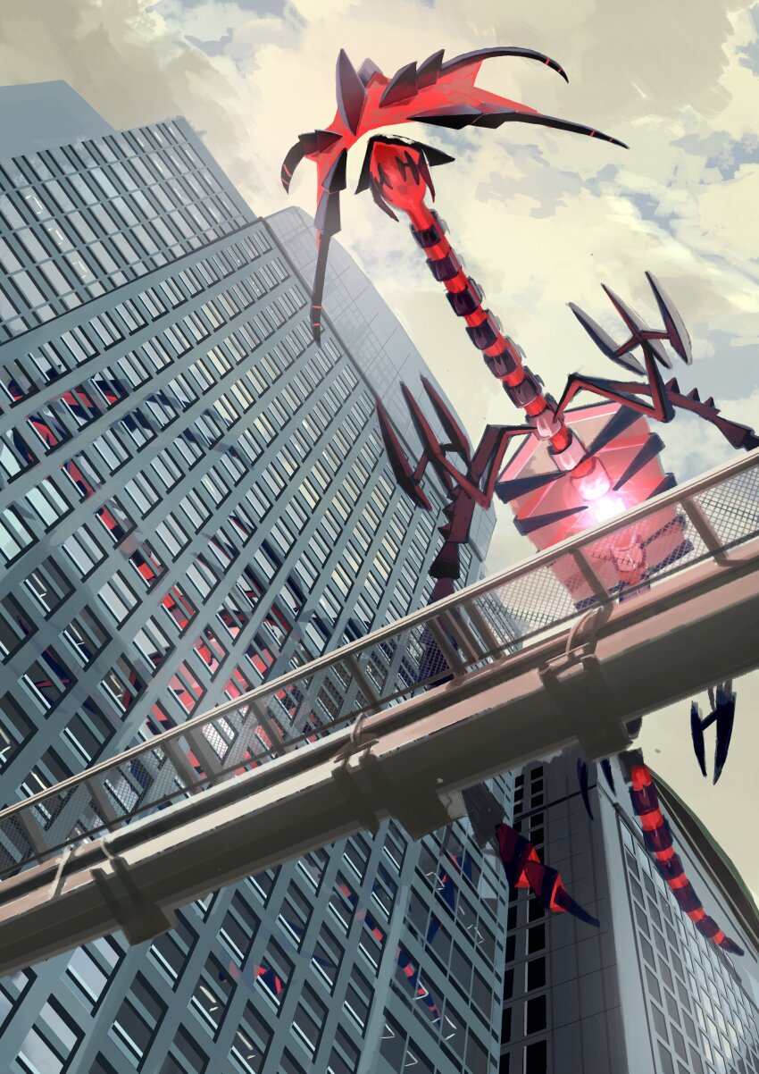 absurdres building cloud cloudy_sky commentary day eternatus from_below gen_8_pokemon glowing highres king_joe_(neoroto) legendary_pokemon nintendo no_humans outdoors pokemon pokemon_(creature) sky solo