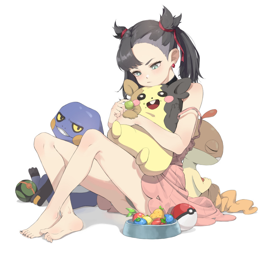 1girl absurdres aqua_eyes asymmetrical_bangs asymmetrical_hair bare_shoulders black_hair black_nails blush choker commentary croagunk dress dusk_ball earrings fluf.p food fruit gen_4_pokemon gen_5_pokemon gen_8_pokemon hair_ribbon highres holding holding_food holding_fruit holding_pokemon jewelry long_sleeves marnie_(pokemon) morpeko morpeko_(full) nail_polish nintendo pink_dress poke_ball poke_ball_(basic) pokemon pokemon_(creature) pokemon_swsh red_ribbon ribbon scraggy simple_background sitting sleeping toenail_polish toenails twintails white_background