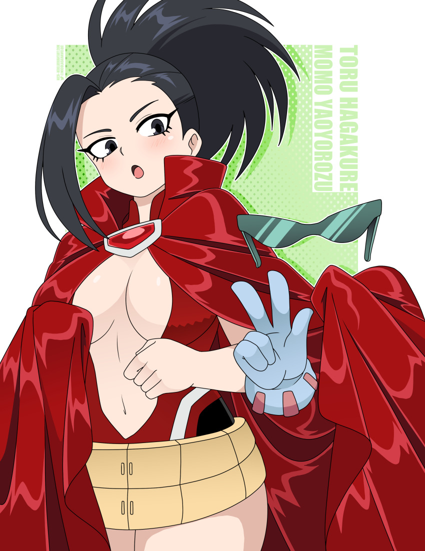 2girls absurdres belt belt_skirt black_eyes black_hair blue_gloves boku_no_hero_academia breasts cape center_opening character_name cleavage glasses gloves hagakure_toru hair_pulled_back highres invisible large_breasts leotard long_hair looking_at_another mt multiple_girls navel nico-neko open_mouth ponytail red_cape red_leotard shiny_skin sunglasses v wide_ponytail yaoyorozu_momo